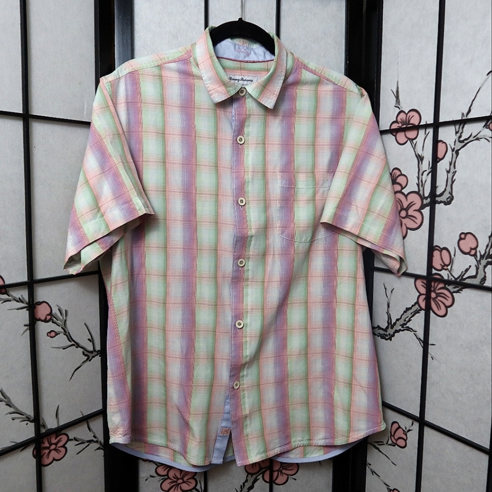 Tommy Bahama Multicolor Plaid Button Down 100% Silk Short Sleeve Shirt